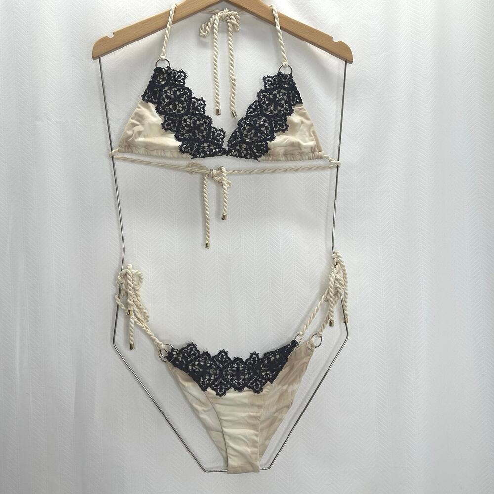 Blue Life triangle string bikini set S blue lace cream boho